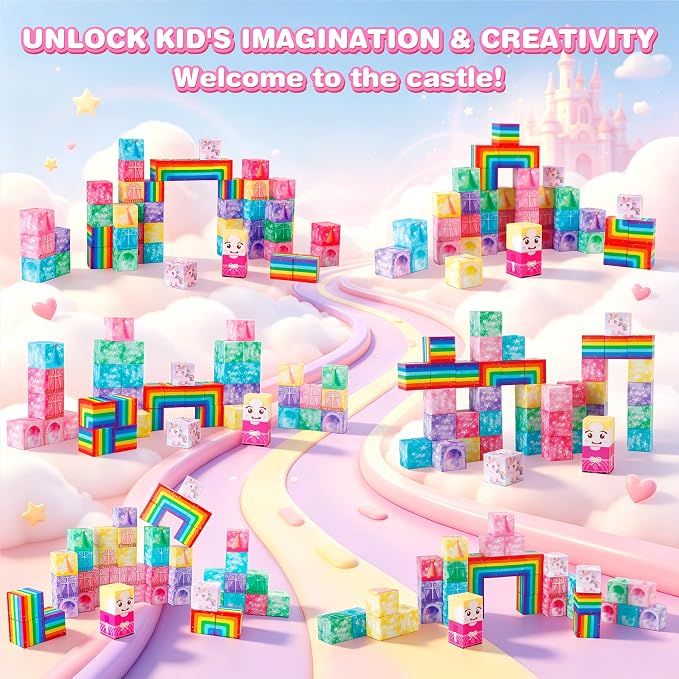 Mini Magnetic Blocks Travel Set with Magnetic Case-52 PCS Magnet Building Cubes Unicorn Toys for Kids 3-5, Toddler Travel Toys Airplane Essentials, STEM Montessori Toys Christmas Stocking Stuffers