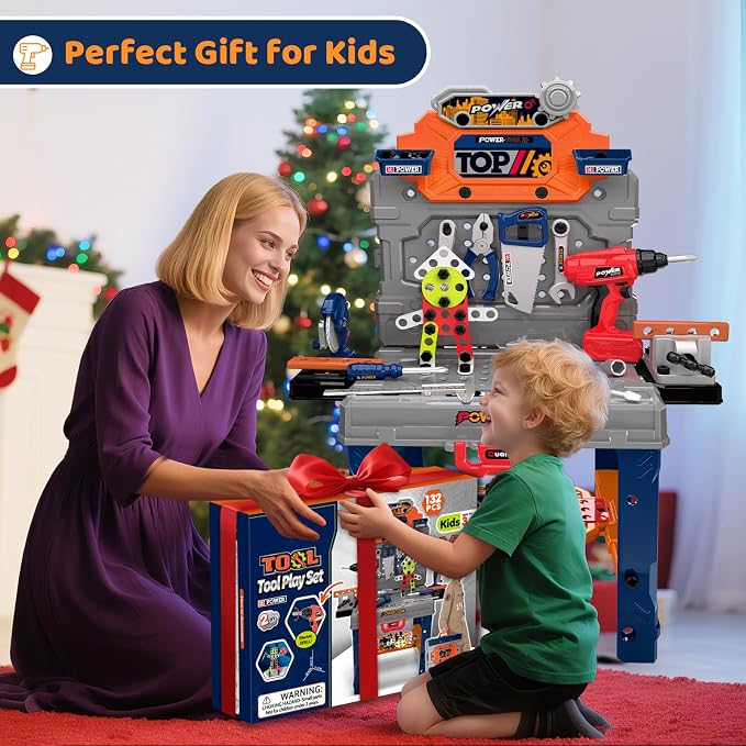 Kids Tool Bench with Electric Drill, Toddler Tool Set for Boys Ages 3-5 6-8 | 132 Pcs Kids Tool Set with Toddler Tool Box & Tool Bench, Christmas Birthday Gifts Toys for Boys Ages 3 4 5 6 7 8+ (Orange)