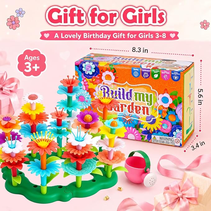 FUNZBO Flower Garden Building Toys Set - STEM Montessori Toys for Girls | Birthday Gifts for Age 3 4 5 6 7 8 9-12 Years Old Girl, Sorting & Stacking Spring Gardening Toy for Kids