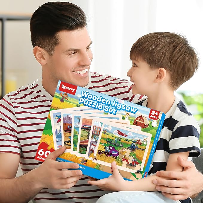 SYNARRY Wooden Vehicle Puzzles for Kids Ages 4-6, 6 Packs 60 PCs Jigsaw Puzzles Preschool Educational Toys Gifts for Children Ages 4-8, Kids Toys Gifts for 4+ Year Olds Boys Girls | 6-Pack Puzzles for Kids Ages 4-6, Puzzles for Kids Ages 6-8, Screen-Fr...