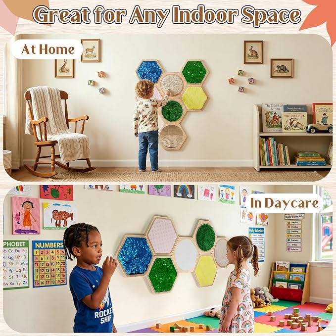 13-Piece Wooden Sensory Wall Panel Set with Double-Sided Activities,Hexagon | Double-Sided Tactile Boards with Interchangeable Texture Pads,Fine Motor & Finger Tracing Paths
