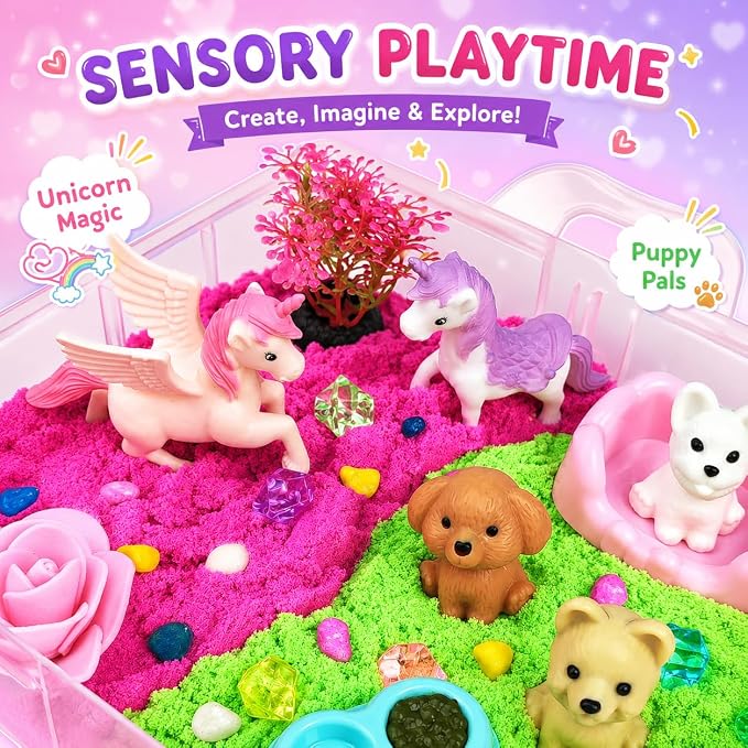 AGENTLAN Stackable Sensory Bin, Unicorn & Pet Sensory Sand Play Set | Unicorn and pet sand box with play sand, sensory toys for toddlers boys and girls, gift for girls ages 3-8