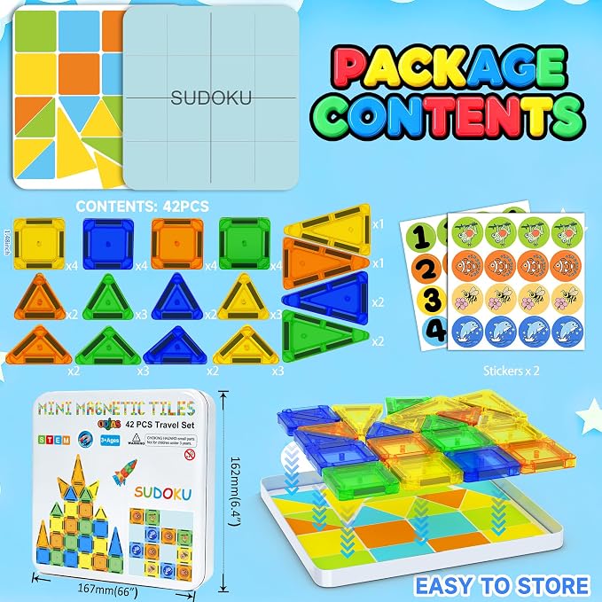 Mini Magnetic Tiles Travel Set with Case 42pcs, Mini Magnetic Blocks | Bonus Sudoku Play, Number & Animal Stickers, Portable Travel Toys for Kid, STEM Educational Sensory Toys, Classroom Must Have