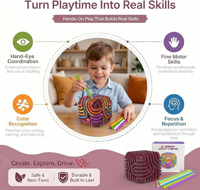 Sensory Activity Board Cube Fidget Toys for Kids & Adults - Zero Noise Silicone Quiet Toddler Travel Toys for Car Rides & Airplane - Autism ADHD Calming Toy Gift Stuffers with 15 Strings