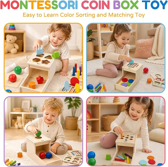 Montessori Toys for 1 Year Old, 4 in 1 Object Permanence Toys for Babies | Ball Drop Coin Box, Fine Motor Skills Color & Shape Sorting Toys for Toddlers, Sensory Toys for 6 12 18 Months Old