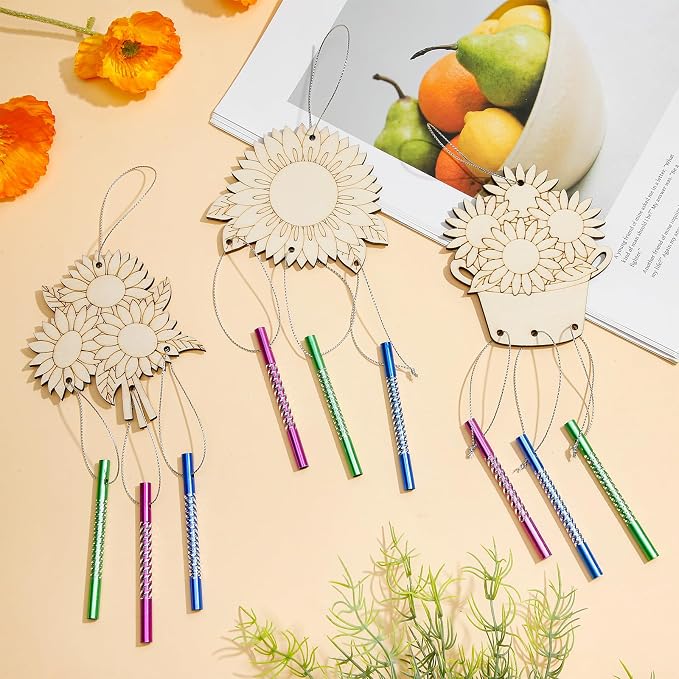 Leinuosen 30 Pcs Wind Chime Kit Make Your Own Sunflower Windchimes for Kids | DIY Windchimes Crafts Decorative Coloring Wooden Crafts for Spring Summer Party Art Activities Garden Home Patio Decorations