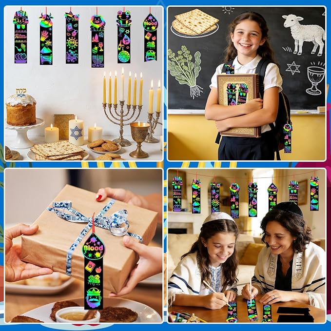 JUNEBRUSHS 30Pcs Passover Scratch Bookmarks, Rainbow Magic Scratch Paper Art Passover DIY Craft Kit for Students Classroom Activity Party Favors