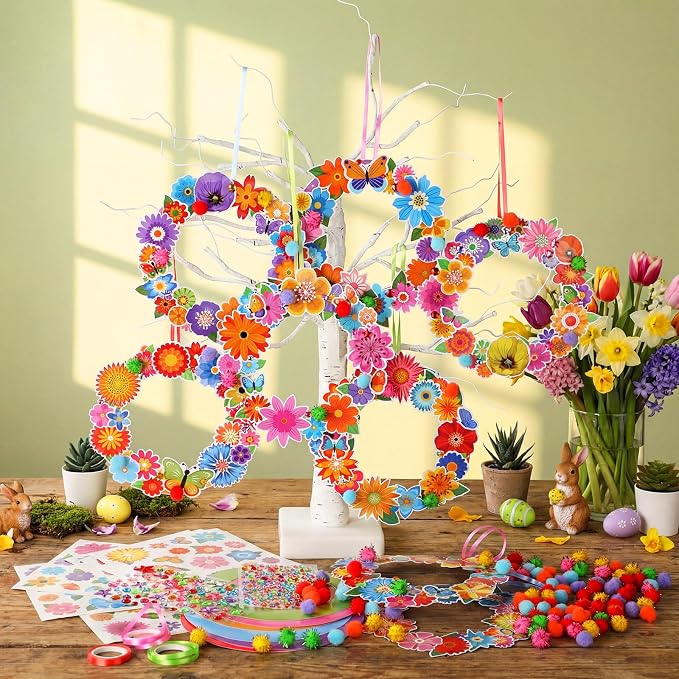 Hollowfly 48 Sets Flower Wreath Craft Kits DIY Wreath Seasonal Activities | Make Your Own Floral Decor, Paper Foam Circles with Stickers, Spring Summer Party Favors Seasonal Craft Activities for Kids