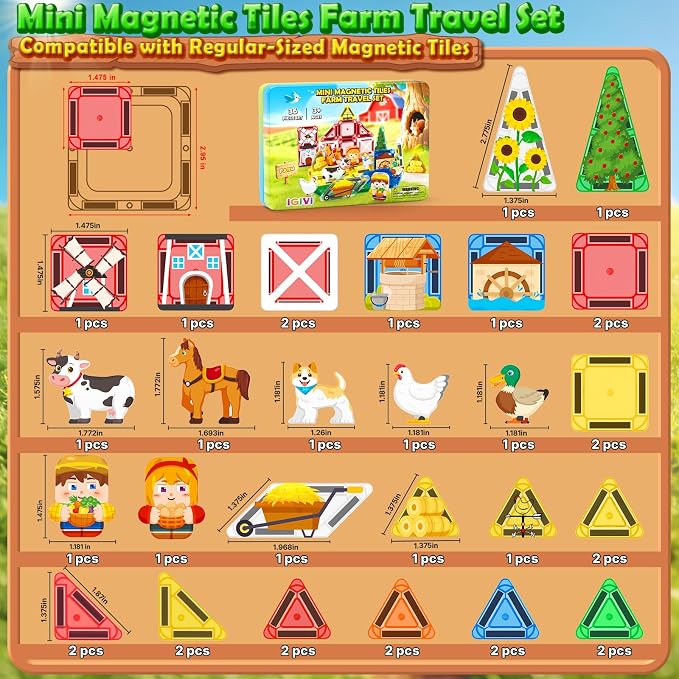 Mini Magnetic Tiles Farm Travel Set, Magnet Building Blocks for Toddlers, STEM Travel Toys with Metal Storage Box, Christmas Birthdays Gifts for Kids Ages 3+