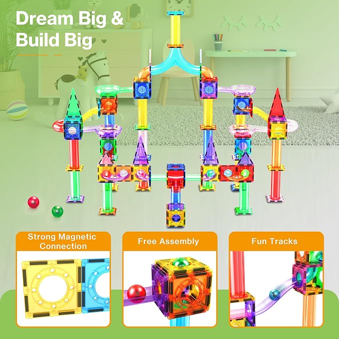 PicassoTiles 200 PCS Picasso Tiles Marble Run LED Race Track Set Ages 3+ | 193 translucent parts, 7 balls including 2 light-up, vertical & horizontal 3D builds, BPA-free ABS, fine motor & spatial play