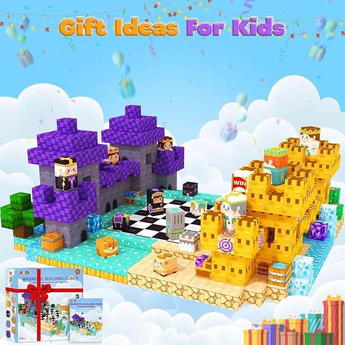 200PCS Magnetic Blocks Board Games Chess Set, Magnetic Tiles Building Blocks Kids Classroom Must Haves Montessori Education Sensory Magnet Cubes Toys, Toddler Birthday Gift for 3+ Year Old Boys Girls