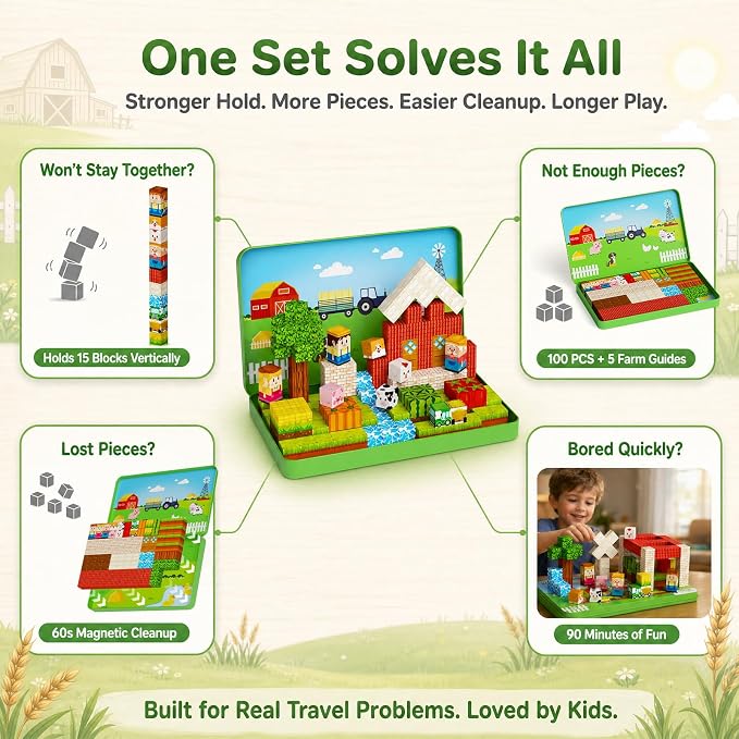 Magnetic Cubes Farm Travel for Kids: Hold 15 Blocks, 60s Storage | 100 PCS Animal Building Set, N32 Magnets & Portable Tin Case – Screen-Free Car, Plane & Road Trip Toy for 2 Toddlers Ages 3-8
