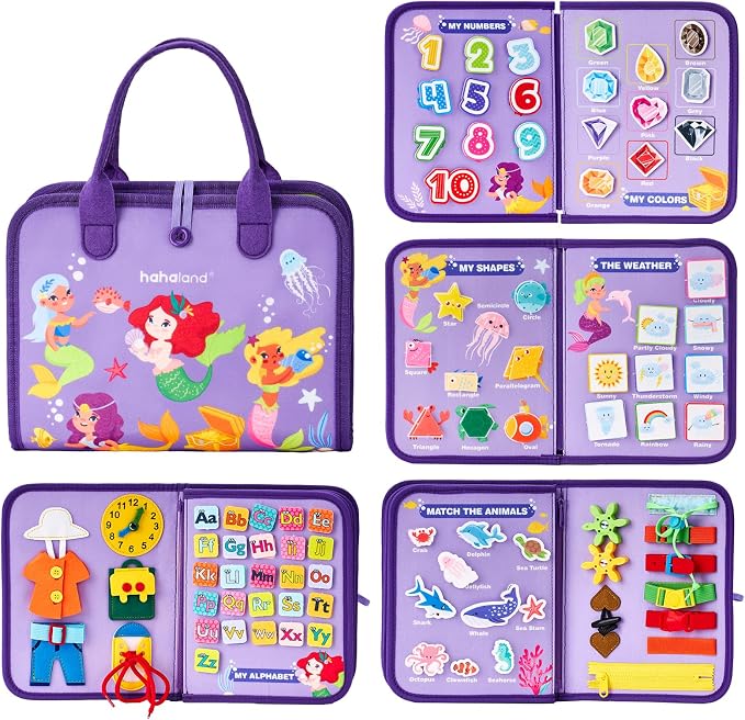 hahaland Busy Board Montessori Toys 3 Year Old Girl Gifts 3rd Bithday Idea | 8 in 1 Preschool Learning Activities - Educational Toys Little Girls Age 3 Travel Busy Book for Airplane Car Rides