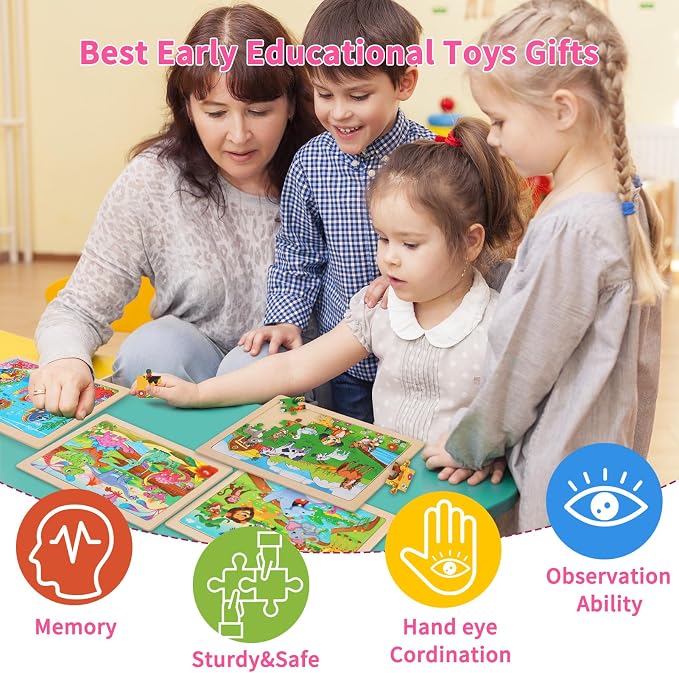 Puzzles for Kids Ages 4-6, 4-Pack 24-Piece Wooden Kids Puzzles | Animal, Dinosaur, Ocean & Farm Themes | Educational Puzzles for Kids Ages 3-5, Age-Appropriate Learning Toys, Ages 3+