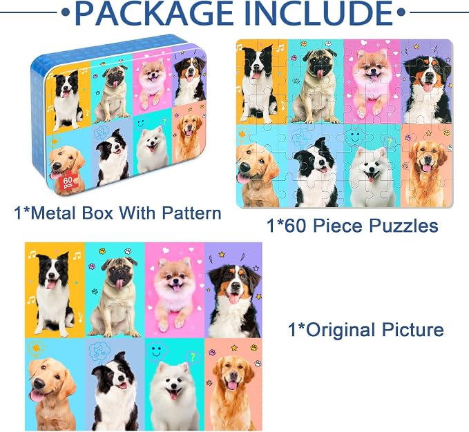 LELEMON Puzzles for Kids Ages 4-6,60 Piece Puzzles for Kids in Metal Box | Dog Children Jigsaw Puzzles for Kids Ages 3-5 Kids Puzzles,Educational Learning Puzzle Toys for Girls and Boys