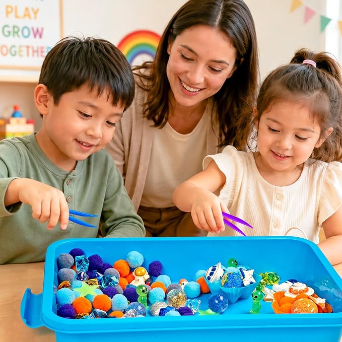 Cinrobiye 206 Pcs Outer Space Sensory Bin Fillers Set with Storage Box, Rocket Spaceship Astronaut Galaxy Accessories, Space Theme Activity Materials for Classroom, Home Projects, Picnic Sensory Bins