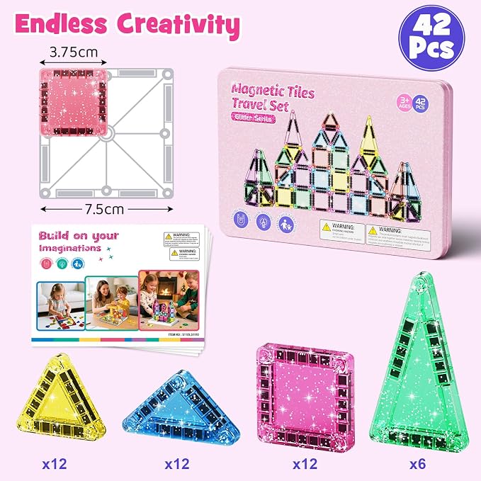 WMXDU 42-Piece Glitter Magnetic Tiles Travel Set with Pink Metal Box - Portable STEM Building Blocks for Kids Ages 3-8 Boys & Girls STEM Montessori Educational Toys for Airplane Car Rides