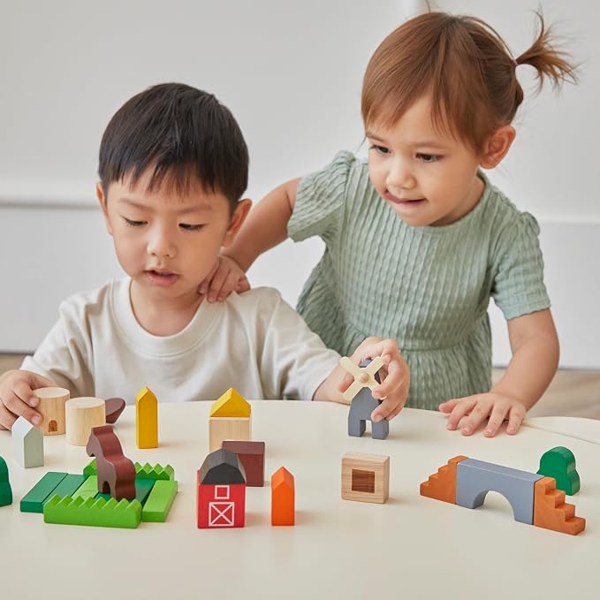 PlanToys® Country Blocks Wooden Montessori Building Imaginative Kids Play | shapes, houses, construction toys, sorting & stacking toys, girls, boys, spatial STEM fine motor creative gift set preschool