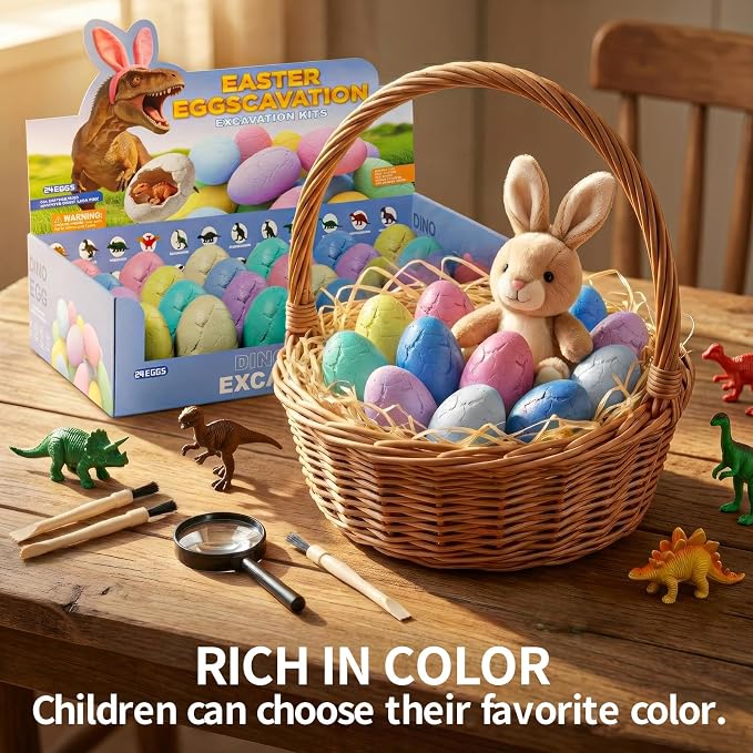24 Pack Colorful Dinosaur Eggs, Excavation Kit with Learning Cards | STEM Science Toy for Kids, Easter Basket Stuffers, Party Favors, Birthday Gifts Classroom Activities for Boys Girls Age 3+