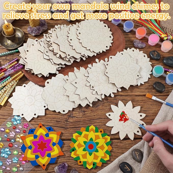 JellyArch 30 Pack Mandala Wind Chime Kit for Adults, Wooden DIY Ornaments | Make Your Own Mandala Decorations, Wooden Blanks with Stickers Gems Tubes Scissors, Spring Summer Birthday Party Crafts