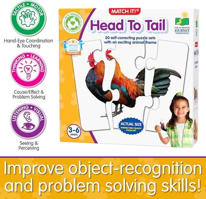 The Learning Journey: Match It! Head to Tail - 20 Self-Correcting Animal-Themed Puzzle Sets - Matching Puzzles for Children Ages 3-6 Years (40 Pieces)