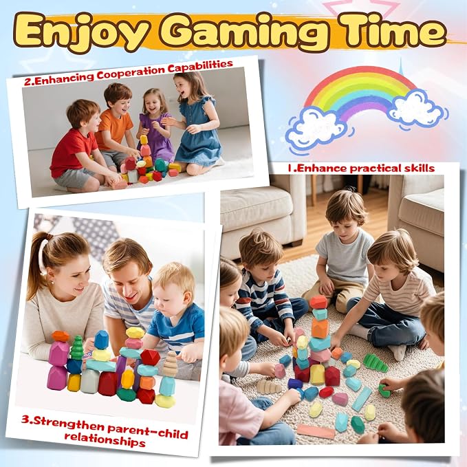 MEGRANATE 58PCS Montessori Wooden Stacking Rocks Toys Colorful Stacking Stones Building Blocks Games Sensory Toy for Kids Educational Learning Toys for 3+ Years Old Kids