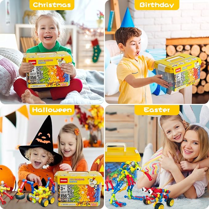 156 PCS STEM Building Blocks Toy Set for Kids 3-7, Birthday Gifts for Boys | STEM preschool toy. Storage box. Build 40+ models with guide. Hands-on play builds logic, creativity & motor skills. Gifts 3+