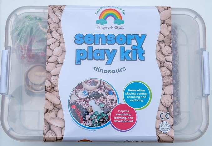 Dinosaur Sensory Bin Kit for Kids | Taste-Safe Pinto Beans, Fossil Skeletons, Trees, Volcano & Durable Wooden Tools – Includes Storage Bin