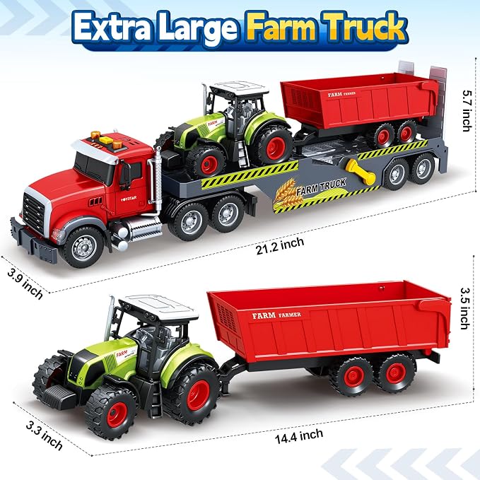 Bstoyder Toddler Boy Toys for 3 4 5 6 7 Years Kids, 21" Semi Flatbed Truck Toy with a Farm Truck, Friction Powered Vehicles Toys with Lights and Sounds, Birthday for Boy Girls