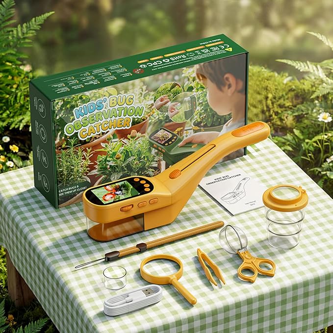 Kids Digital Bug Catcher, 2.4" IPS Screen 500x Magnification Microscope, Photo/Video Recorder, 8 LED Lights, 1000mAh Rechargeable STEM Nature Exploration Toy for Boys & Girls Ages 3+