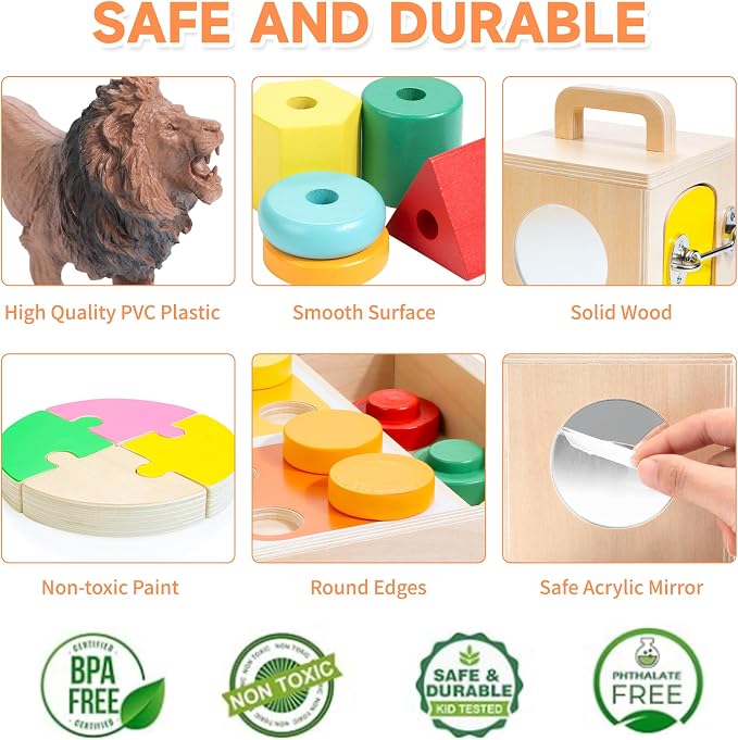 WOODMAM 9 in 1 Wooden Montessori Educational Toy Set for Kids 19-24 Months | 60Pcs Montessori Toys for 1+ Year Old, Lock Box, Color Sorting Board, Lacing Beads, Animal Figures, 19-24 Months Gifts