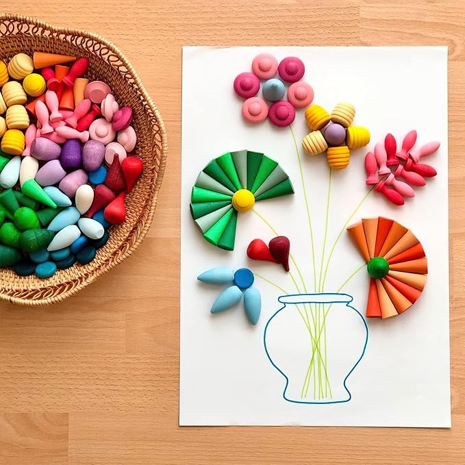 MIKNEKE 162 Wooden Loose Parts Sensory Bin Filler, Mandala Rainbow Stacker Open Ended Toy, 27 Colors Sensory Training Educational Set