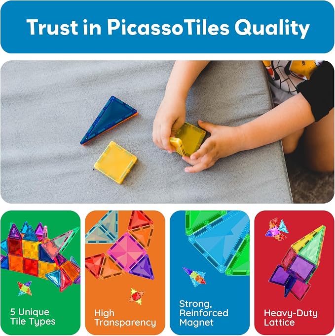 PicassoTiles 80 PCs Magnetic Tiles Travel Size Mini Version Building Block Construction Set for Kids Great Gift Ages 3+ Boys & Girls Preschool Kindergarten Montessori Playing Toys Stacking Fun PTM80