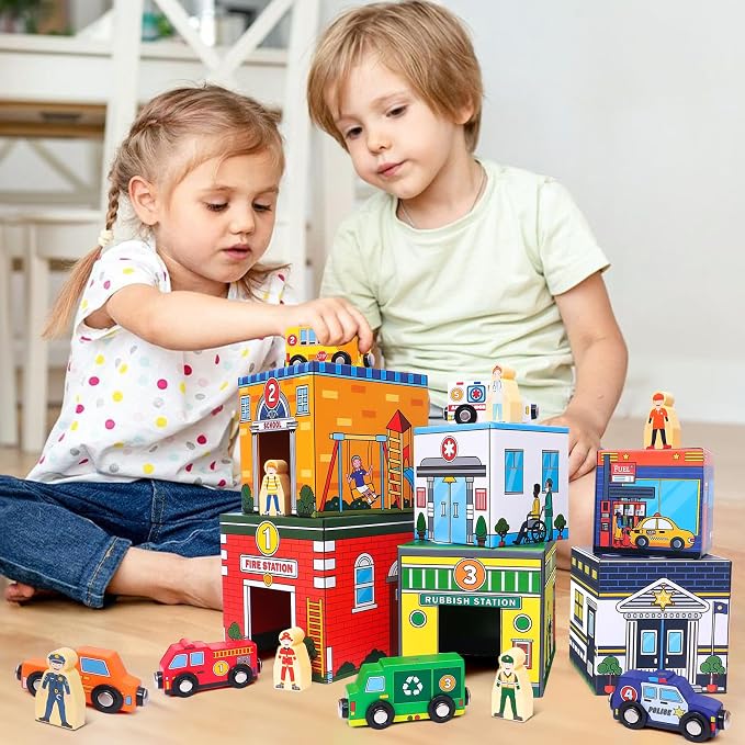 Atoylink Toddler Sorting and Stacking Toys with Magnetic Wooden Cars & Community Helpers, Baby Number Blocks Nesting Boxes Preschool Learning Montessori Toys for 2 3 Year Old Boys Girls Gift