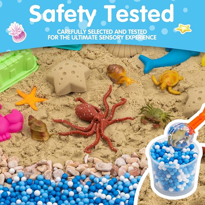 Ocean & Sand Sensory Bin with Lid, 42 Pcs Sea Animals Kit Preschool Tool | Developmental Birthday Gifts Boys Girls and Kids, Learning Activities Box, Outdoor Sandbox Toys for Toddlers