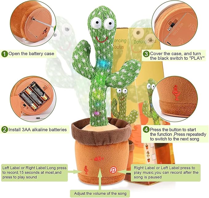Dancing Talking Cactus Toy for Baby Boys Girls Toys, Adjustable Volume Dancing Cactus Toy Singing Mimicking Recording Repeating What You Say with LED English Sing Talking 15 Second Voice Recorder | Adjustable Volume, Mimicking Recording Repeating What ...
