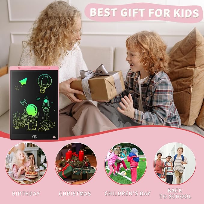 Genialba LCD Writing Board 12 Inches, Colourful Electronic Tablet, Portable Erasable Drawing Board, Graphic Tablet for Children's Games 3 4 5 6 7 Year Old Kid Boys Girls (Pink)