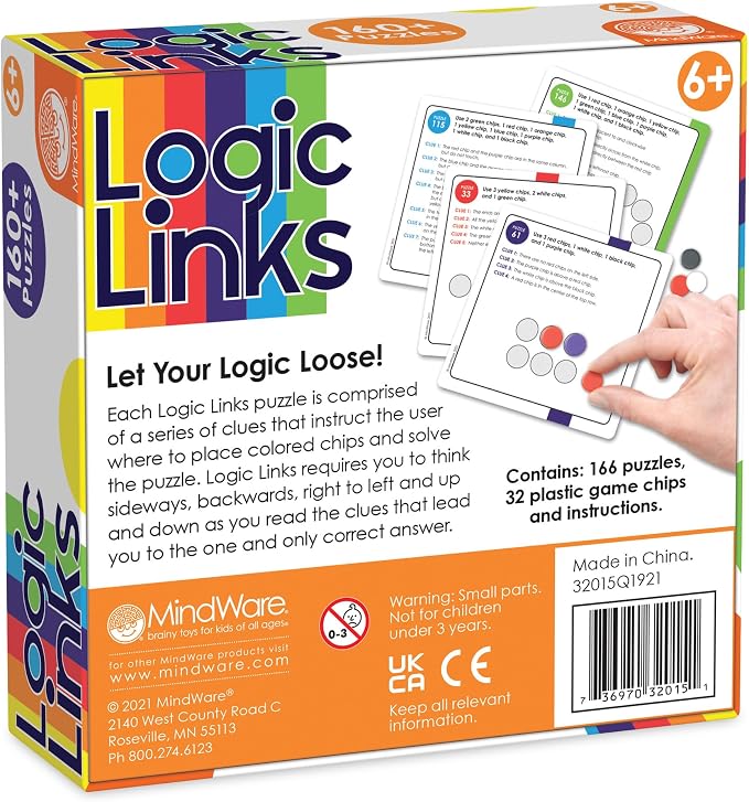 MindWare Logic Links Puzzle Games - Brain Teaser Puzzles for Kids and Brain Games for Adults - 166 Challenging Brain Puzzles, 32 Game Chips - Ages 6+