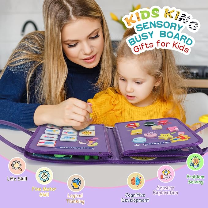 Montessori Busy Board for Toddlers 3-6, Soft Sensory Activity Book with Life Skills, Cognition, Sorting, Matching, Travel Toys for Airplane Car, Gift for Girls Boys 3+ Years Old (Mermaid)
