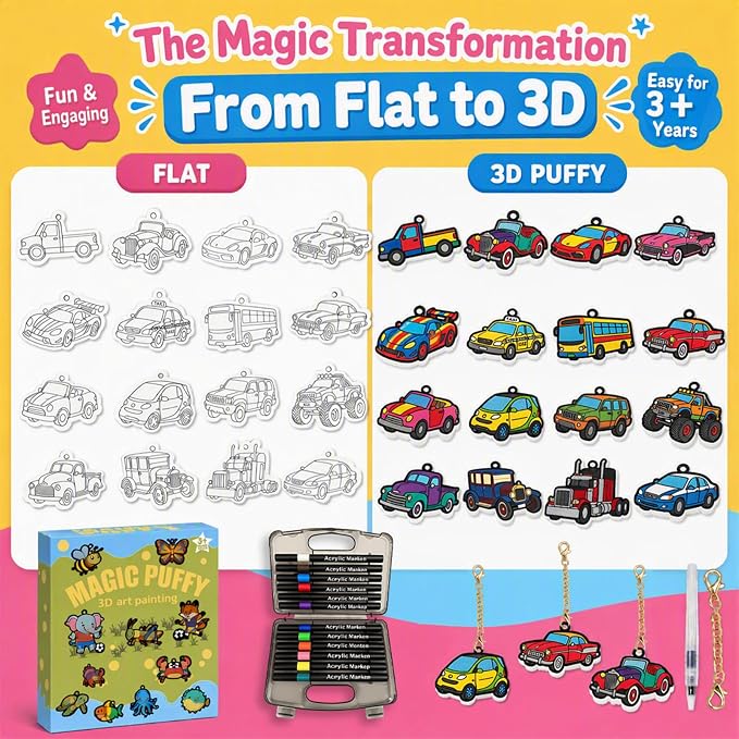 MWOMGLP Magic Foam Texture Painting Kit, 16 Pack DIY Puffy Foam Art Craft Set for Kids, 3D Sensory Painting Paper with Colorful Foam Sheets, Creative Gift for Boys Girls Ages 3+(Color Car)