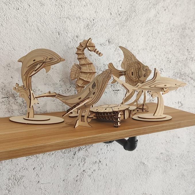 3D Wooden Sea Animal Puzzle, 6 Piece Set Wood Sea Animals Skeleton DIY Assembly Model Kits, Wooden Crafts Brain Teaser Puzzle, STEM Gifts for Adults & Teens Birthday Gifts Xmas