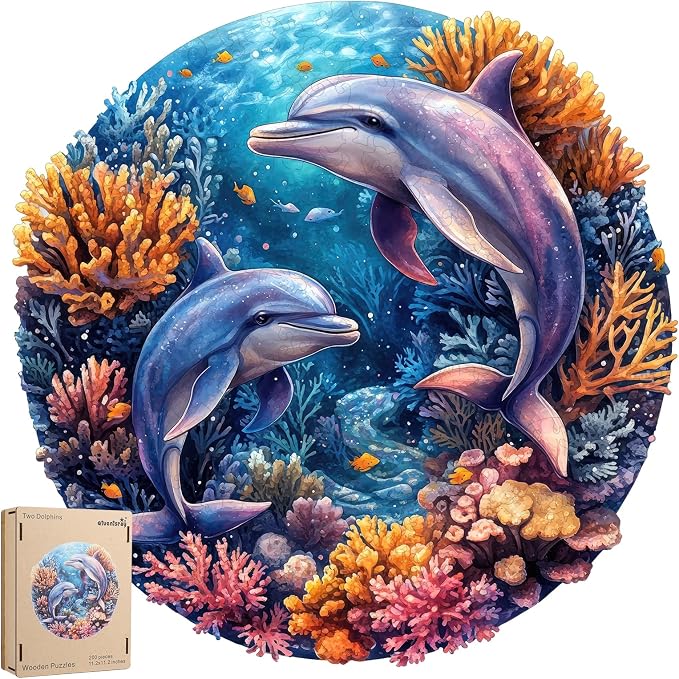 Qiuenisray Wooden Puzzles for Adults 500 Pieces, Dolphins Wood Jigsaw Puzzles, FSC Certified Royal Unique Shape Ocean Adult Puzzles, Irregular Creative Gift for Family Game 16.5 x 16.5 in