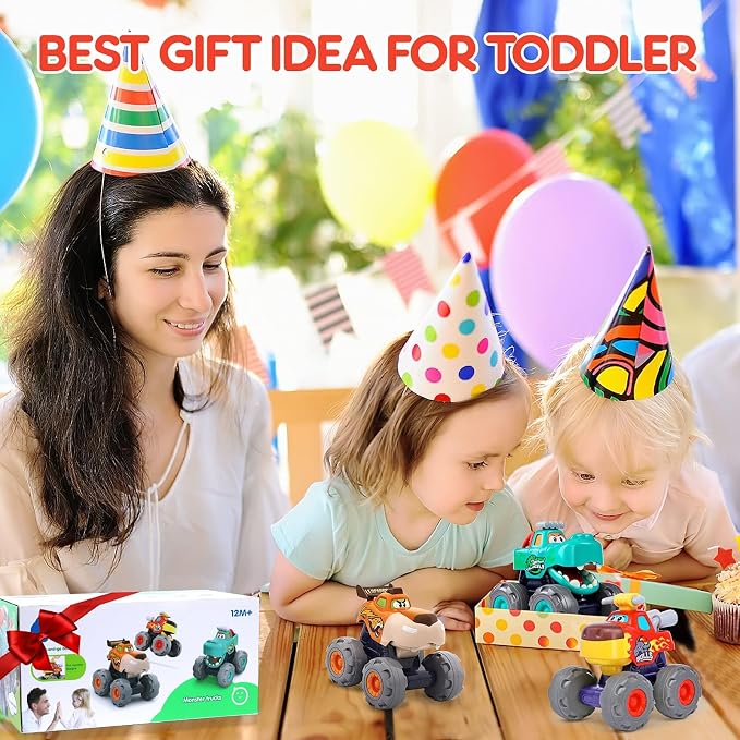 Toy Cars for 1-3 Year Old, 3PCS Animal Monster Truck, 1 Year Old Boy Gifts | Baby Toys 12-18 Months, Animal Kids Toy, Christmas & Birthday Gifts, Pull Back Car with Big Wheel, Crocodile Bull Leopard
