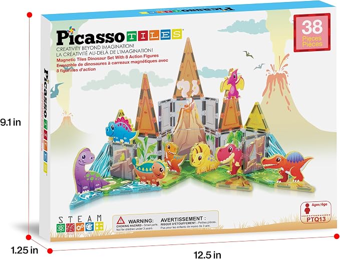 PicassoTiles Dinosaur Magnetic Tiles, STEM Building Blocks Toy Set Ages 3+ | 38 pieces, 8 action figures, vibrant Jurassic world, screen-free activity, color shape recognition, durable BPA-free plastic