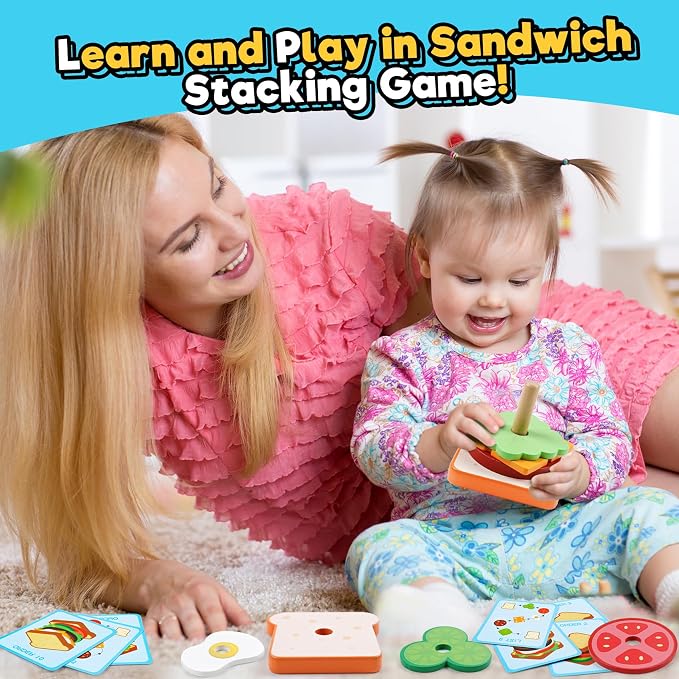 Wooden Sandwich Sorting Stacking Toys Play Food Set for Toddlers Preschool Educational Montessori Toys Fine Motor Toy for Kids Boys Girls