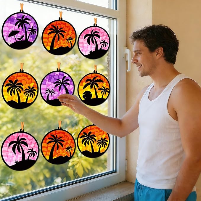 Qyeahkj 36 Sets Tropical Palm Tree Suncatchers Crafts for DIY Summer Tissue Paper Craft Kit Hawaiian Luau Palm Tree Stained Glass Window Ornaments Decoration for Home Art Project Party Favor Gift