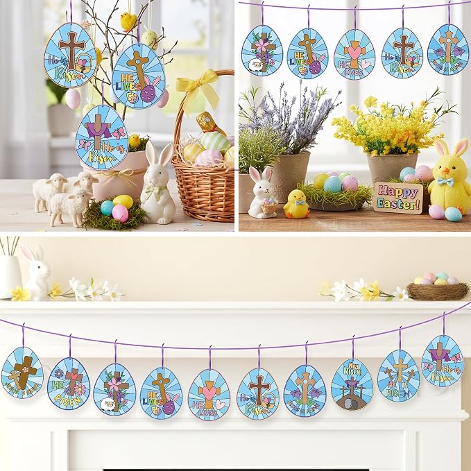 ANGOLIO Easter Color Your Own Egg Ornaments Kit for Kids 83Pcs Christian Religious DIY Coloring Craft Kit Cross He is Risen Jesus is Alike Card Sunday School Classroom Church Party Art Craft Project