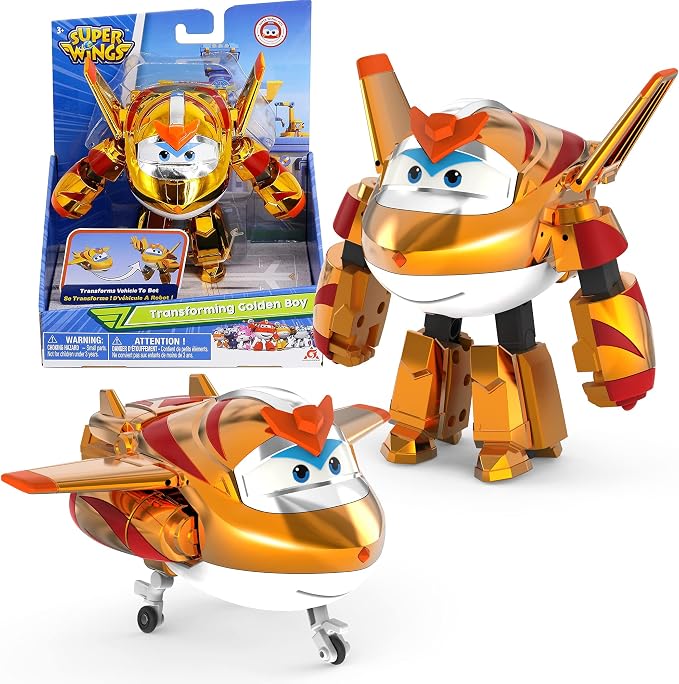 Super Wings 5" Transforming Golden Boy, Airplane Toys Vehicle Action Figure, Transforming Plane to Robot, Birthday Gifts for 3 4 5 Year Old Boys Girls Preschool Kids, Gold