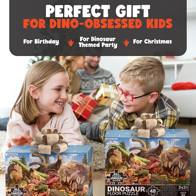 48 Piece Jumbo Dinosaur Floor Puzzle - Large Size (3 x 2 ft) - All Pieces Unique Shape - 25 Realistic Dinos Illustration - Gifts for Boys Girls Toddlers Kids Ages 3-5 2-4 4-6 Year Old