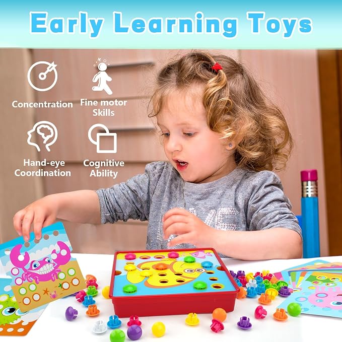 Button Art Pegboard for Toddlers - 12 Pics & 46 Buttons, Gift 3+ | 7.8'' x 7.8'' pegboard with dinosaur theme. Builds fine motor skills, color matching & creativity. Preschool learning gift